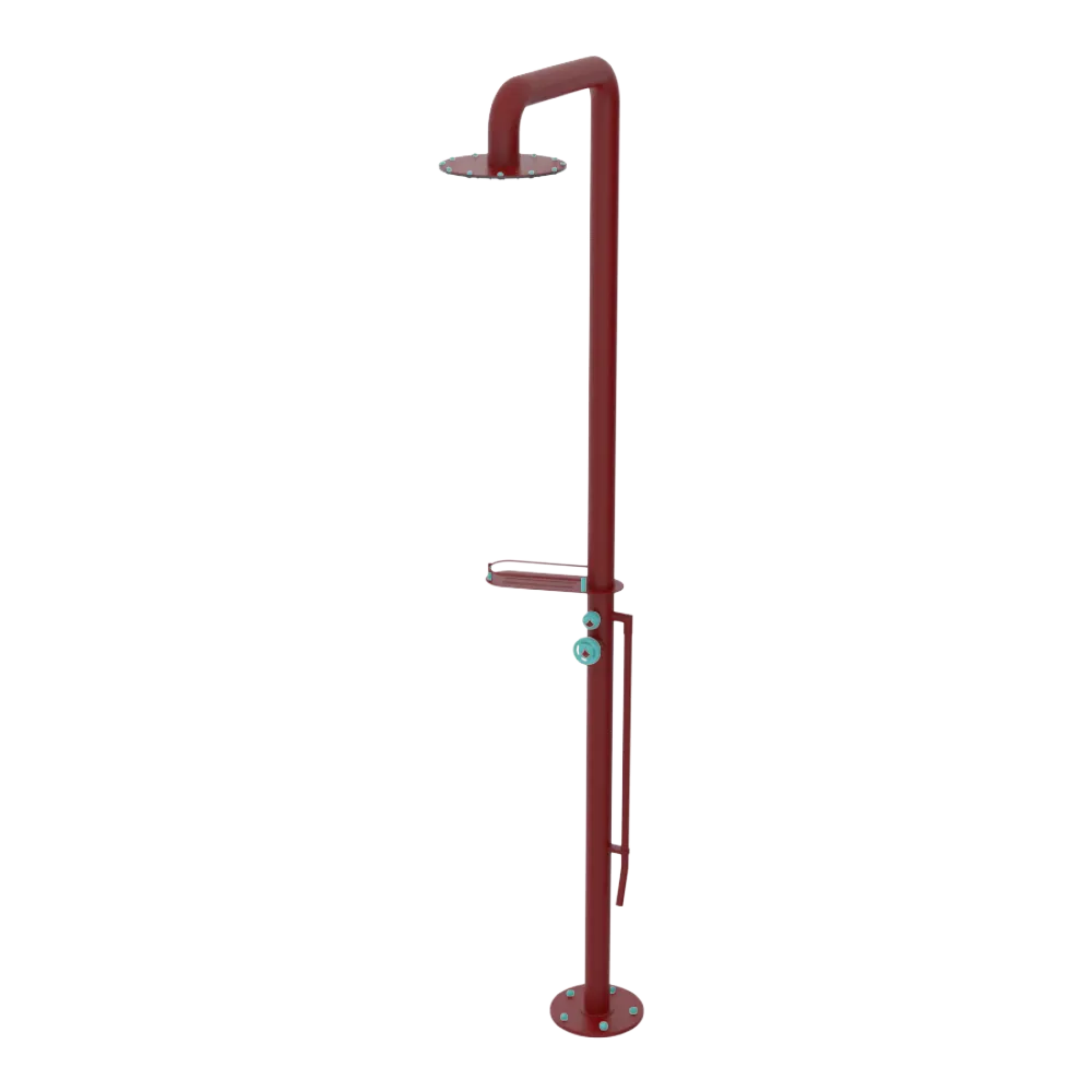 Rubinet Pressure Balance Outdoor Shower with Foot Rinse & 10" Shower Head (with shelf) - 304 Stainless Steel Maroon