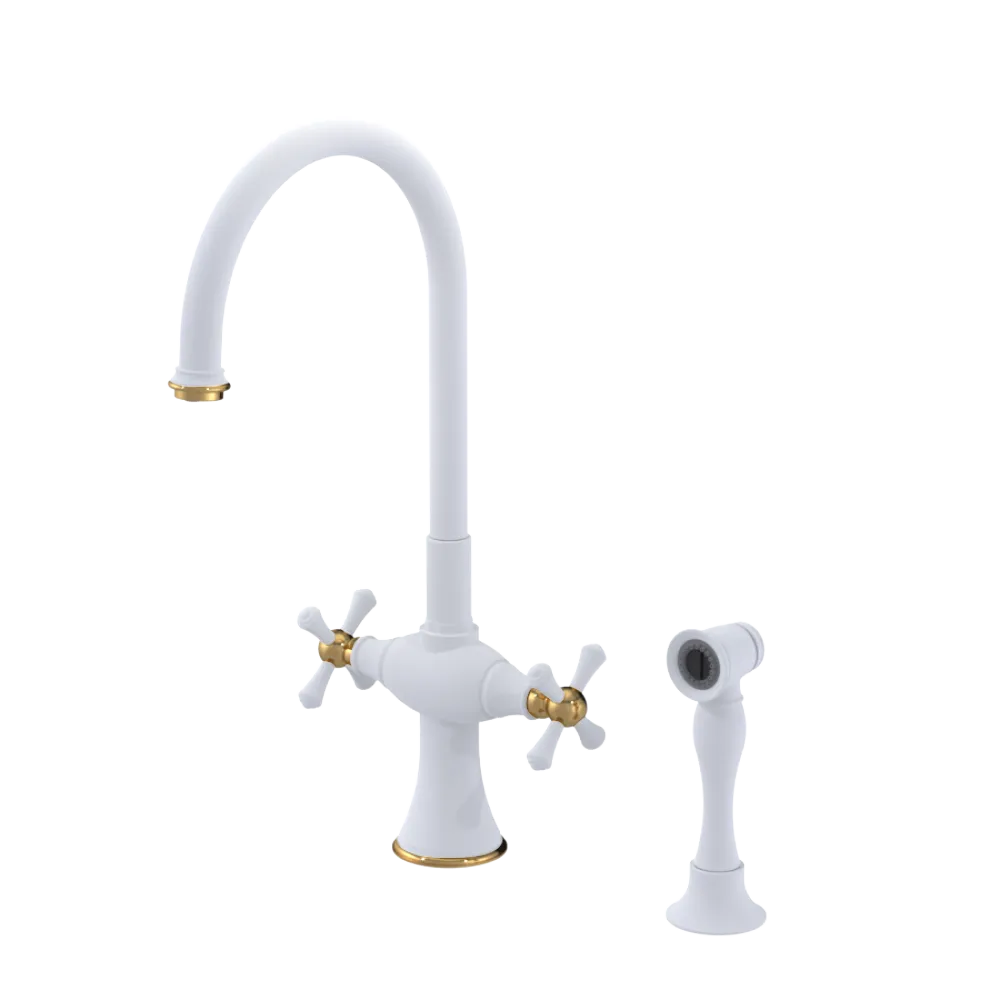 Rubinet Two Handle Single Hole Kitchen Set with Hand Spray Matt White