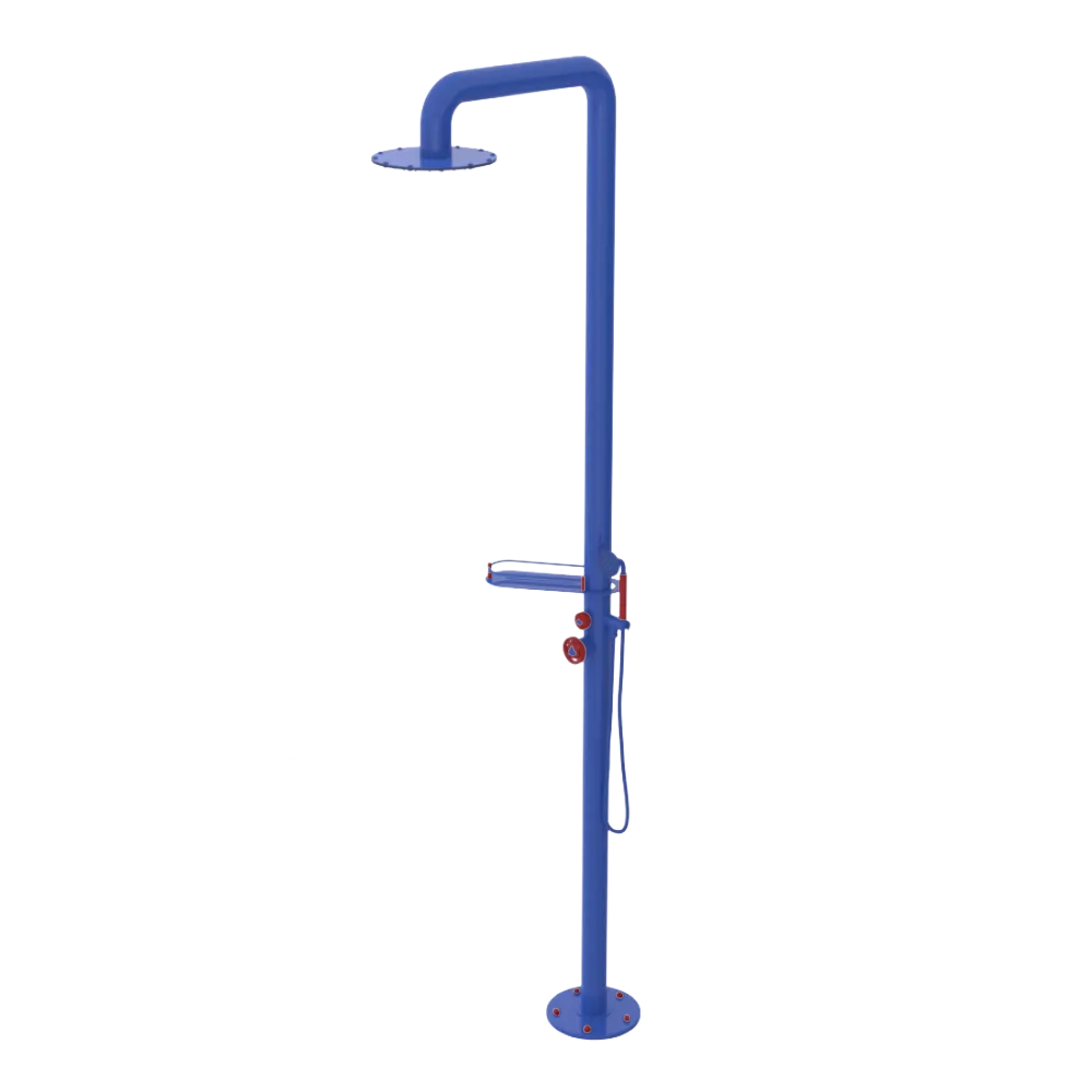 Rubinet Pressure Balance Outdoor Shower with Hand Held Shower & 10" Shower Head (with shelf) - 304 Stainless Steel Blu Jean
