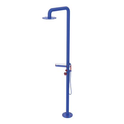 Rubinet Pressure Balance Outdoor Shower with Hand Held Shower & 10" Shower Head (with shelf) - 304 Stainless Steel Blu Jean
