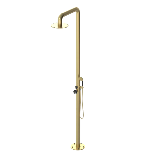 Rubinet Pressure Balance Outdoor Shower with Hand Held Shower & 10" Shower Head - 304 Stainless Steel Satin Brass