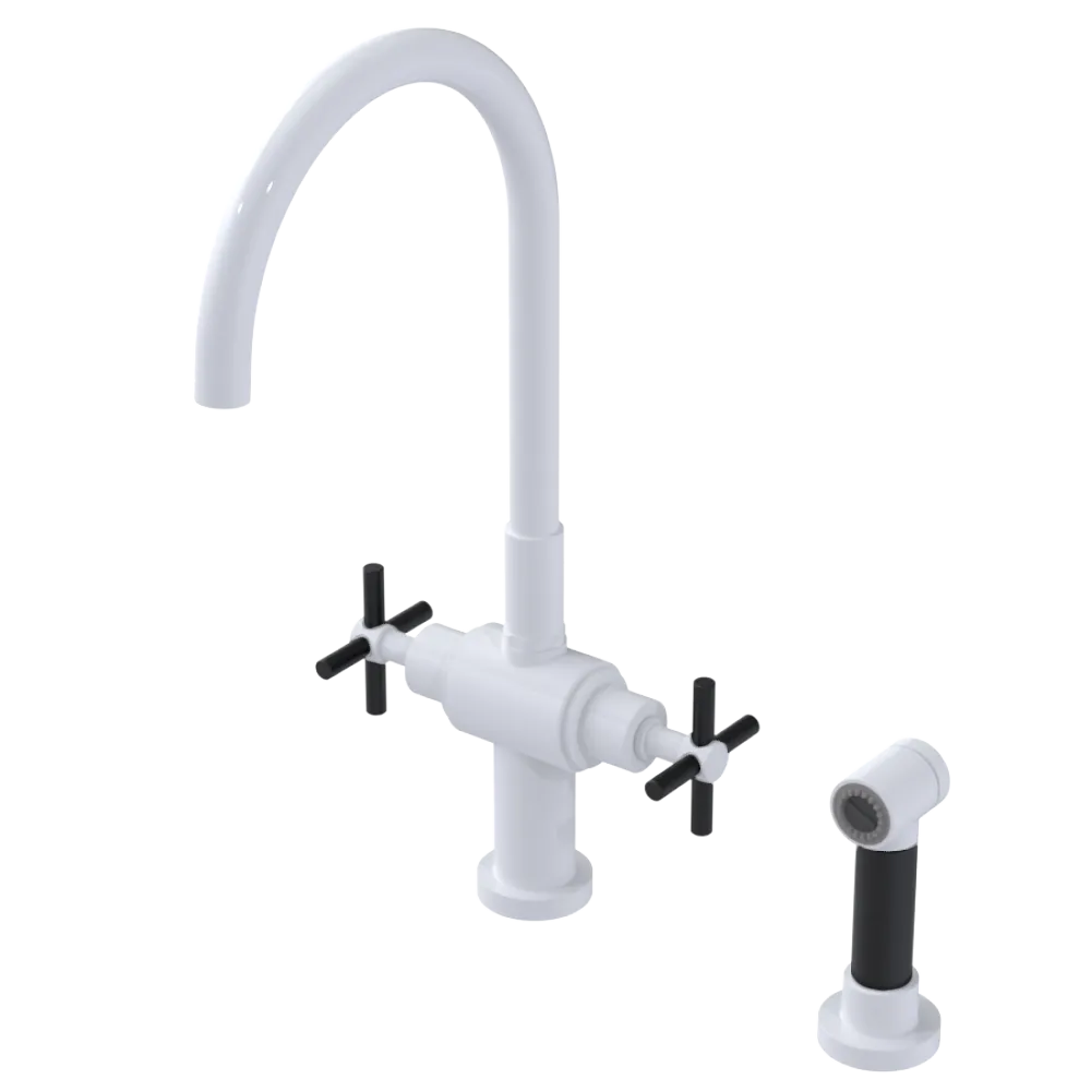 Rubinet Two Handle Single Hole Kitchen Set with LaSalle Spout with Hand Spray White