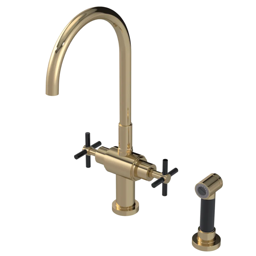 Rubinet Two Handle Single Hole Kitchen Set with LaSalle Spout with Hand Spray Gold