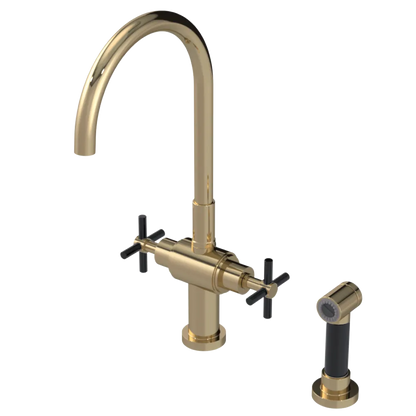 Rubinet Two Handle Single Hole Kitchen Set with LaSalle Spout with Hand Spray Gold