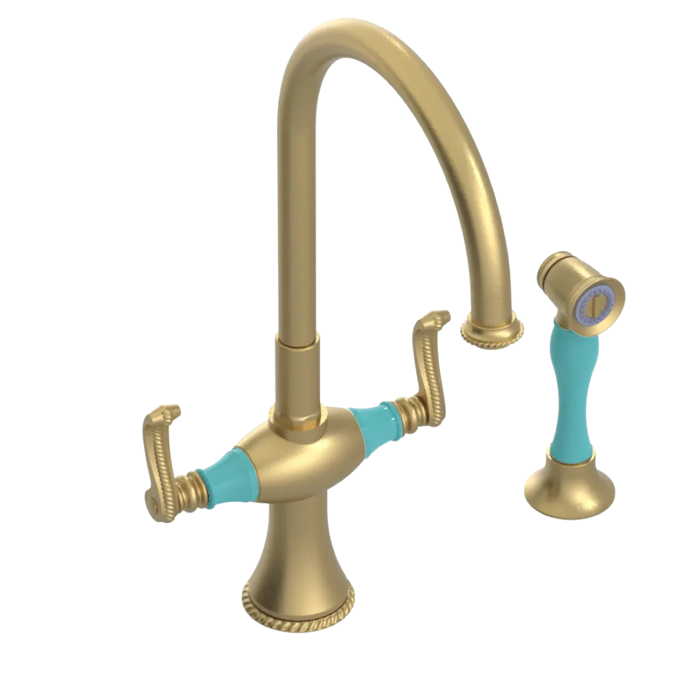 Rubinet Two Handle Single Hole Kitchen Set with Hand Spray Satin Brass