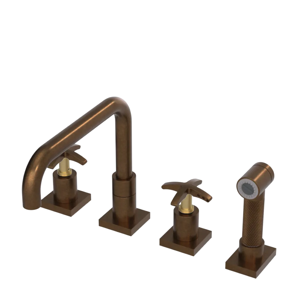 Rubinet Widespread Kitchen Set with Genesis Spout with Hand Spray Tuscan Brass