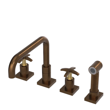 Rubinet Widespread Kitchen Set with Genesis Spout with Hand Spray Tuscan Brass
