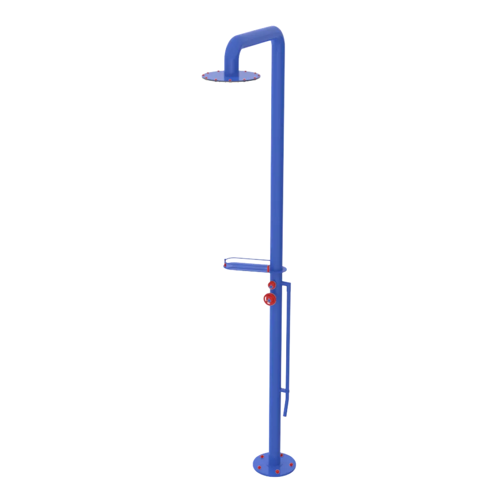 Rubinet Pressure Balance Outdoor Shower with Foot Rinse & 10" Shower Head (with shelf) - 304 Stainless Steel Blu Jean