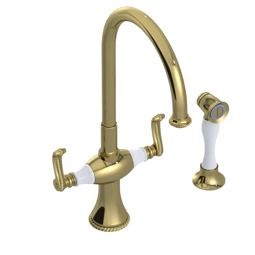 Rubinet Two Handle Single Hole Kitchen Set with Hand Spray Natural Brass