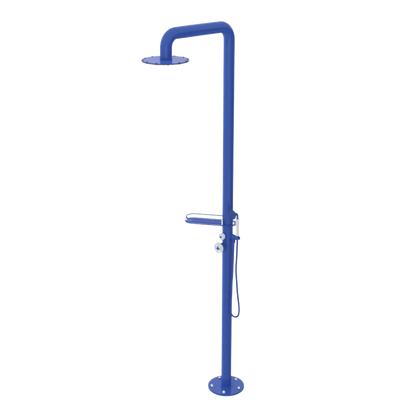 Rubinet Pressure Balance Outdoor Shower with Hand Held Shower & 10" Shower Head (with shelf) - 304 Stainless Steel Blu Jean