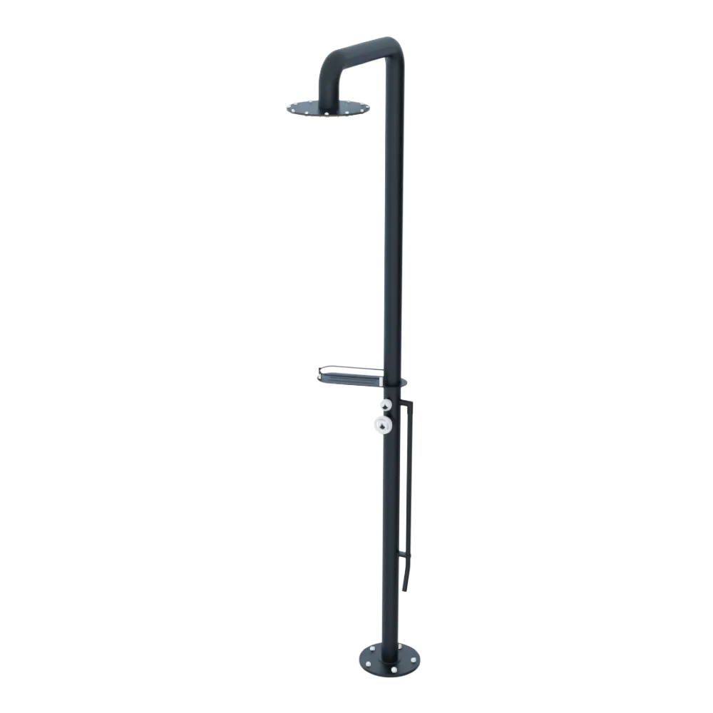 Rubinet Pressure Balance Outdoor Shower with Foot Rinse & 10" Shower Head (with shelf) - 304 Stainless Steel Matt Black