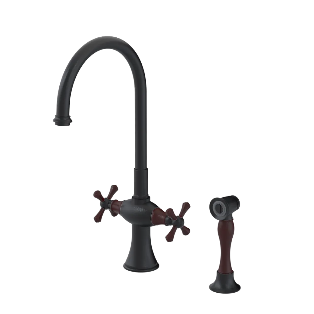 Rubinet Two Handle Single Hole Kitchen Set with Hand Spray Matt Black