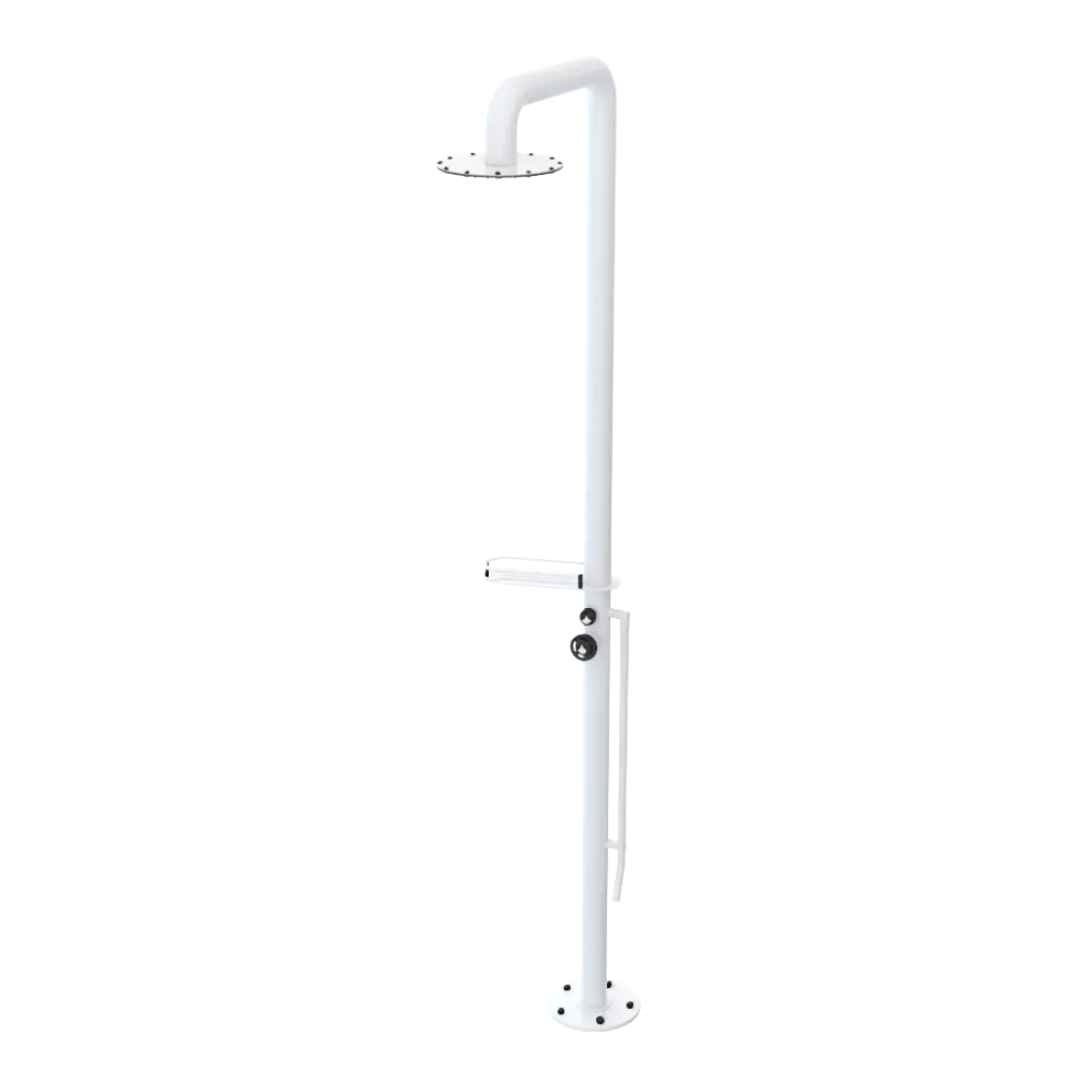 Rubinet Pressure Balance Outdoor Shower with Foot Rinse & 10" Shower Head (with shelf) - 304 Stainless Steel White