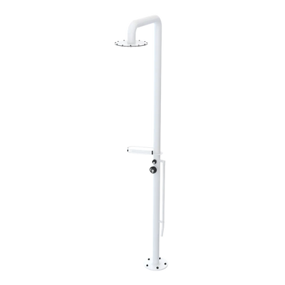 Rubinet Pressure Balance Outdoor Shower with Foot Rinse & 10" Shower Head (with shelf) - 304 Stainless Steel White