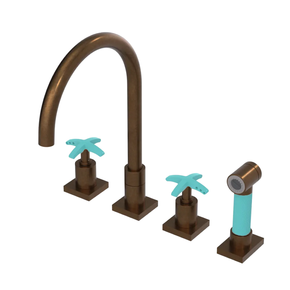 Rubinet Widespread Kitchen Set with Hand Spray Tuscan Brass