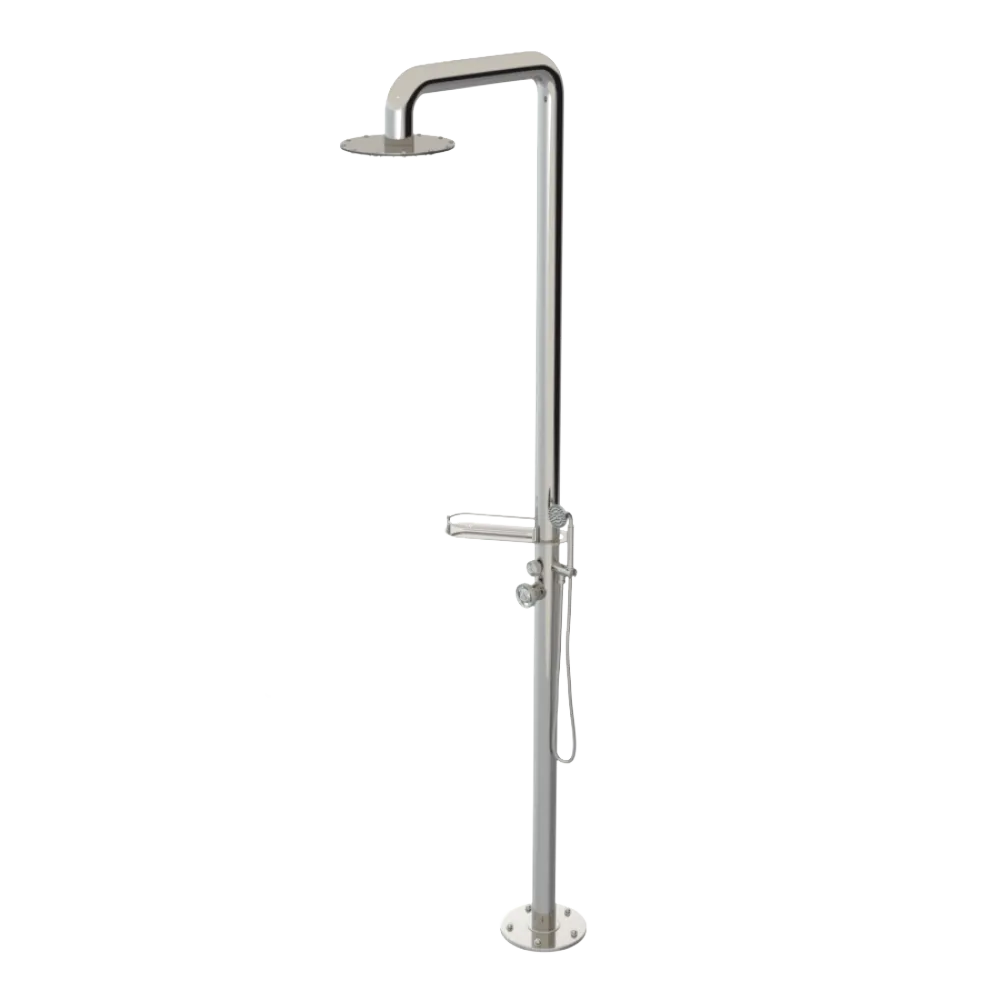 Rubinet Pressure Balance Outdoor Shower with Hand Held Shower & 10" Shower Head (with shelf) - 304 Stainless Steel Polished Nickel