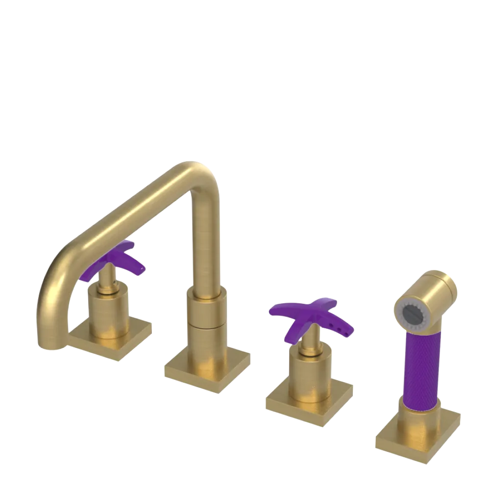 Rubinet Widespread Kitchen Set with Genesis Spout with Hand Spray Satin Brass