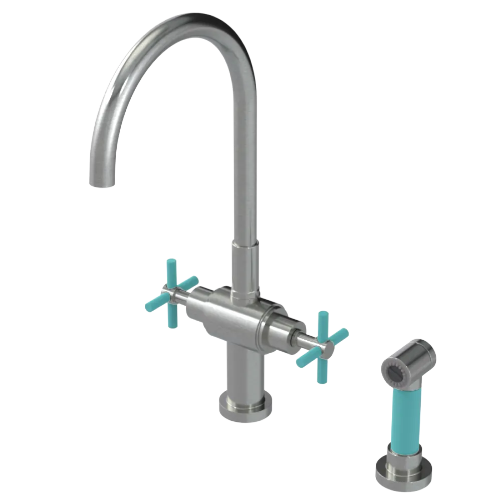 Rubinet Two Handle Single Hole Kitchen Set with LaSalle Spout with Hand Spray Satin Nickel