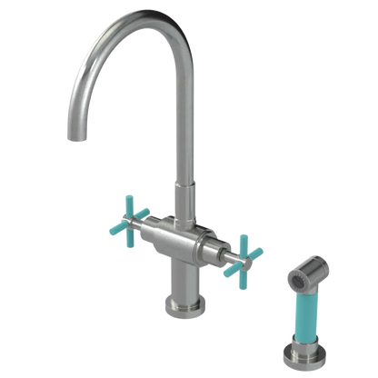 Rubinet Two Handle Single Hole Kitchen Set with LaSalle Spout with Hand Spray Satin Nickel