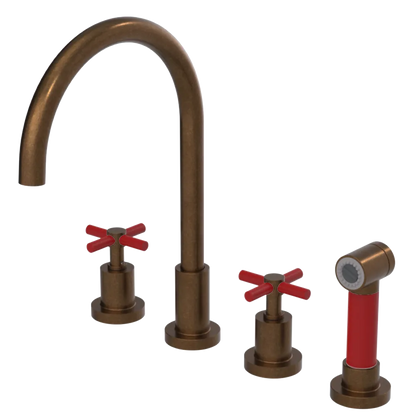 Rubinet Widespread Kitchen Set with LaSalle Spout with Hand Spray Tuscan Brass