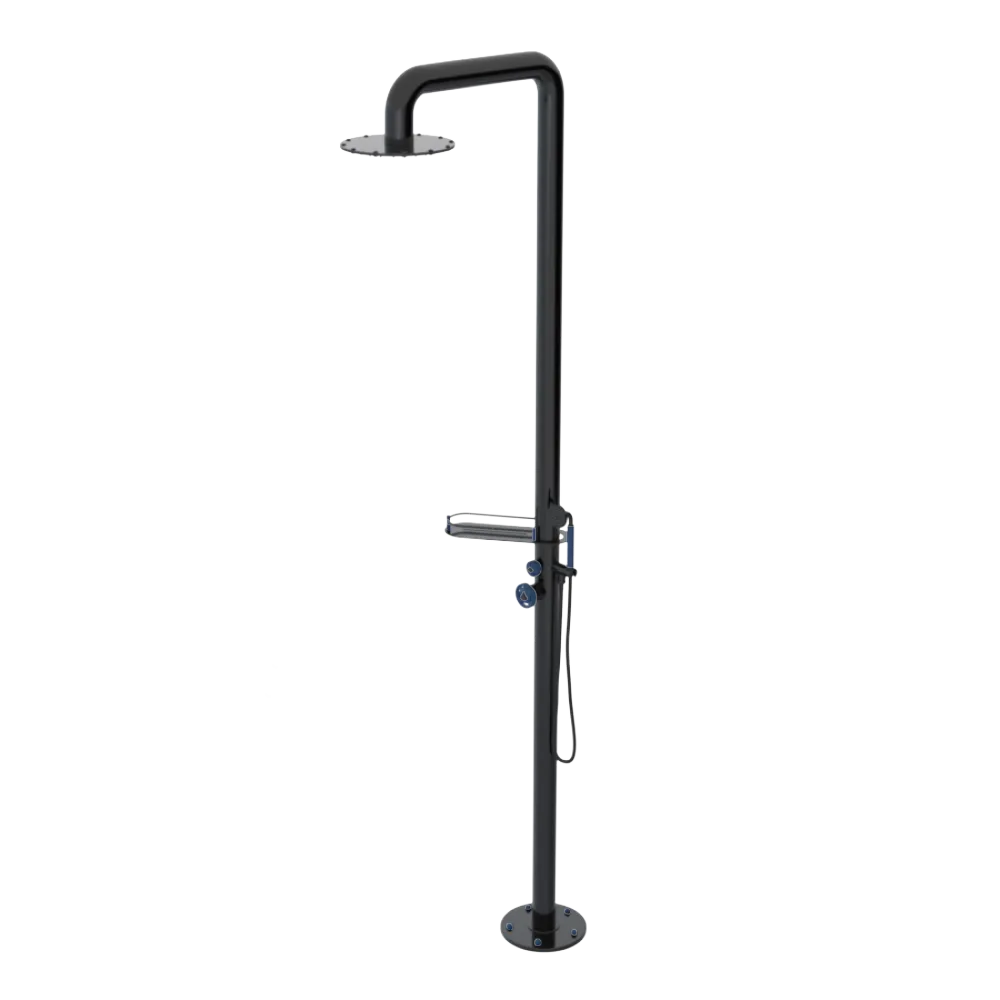 Rubinet Pressure Balance Outdoor Shower with Hand Held Shower & 10" Shower Head (with shelf) - 304 Stainless Steel Black