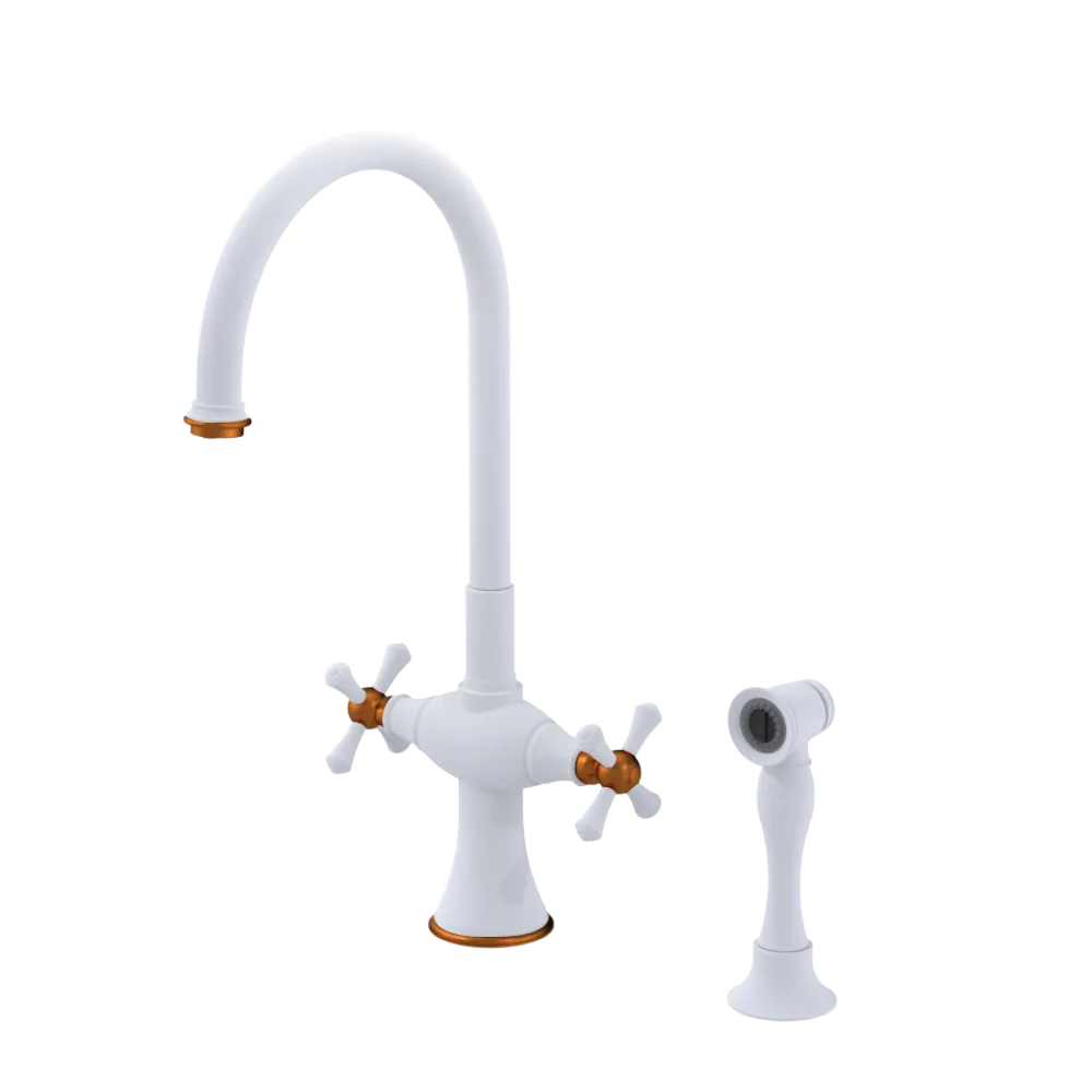Rubinet Two Handle Single Hole Kitchen Set with Hand Spray Matt White