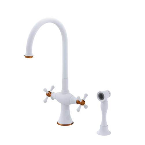 Rubinet Two Handle Single Hole Kitchen Set with Hand Spray Matt White