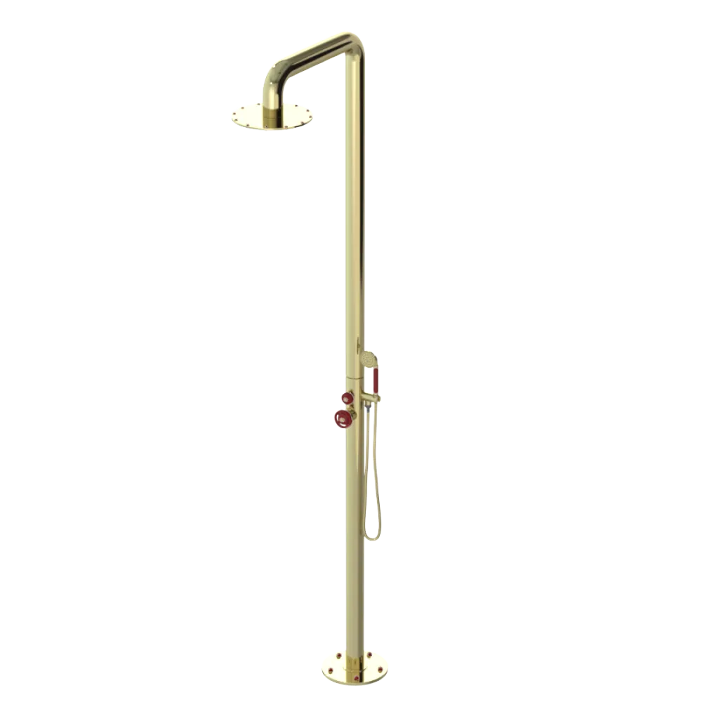 Rubinet Pressure Balance Outdoor Shower with Hand Held Shower & 10" Shower Head - 304 Stainless Steel Gold