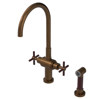 Rubinet Two Handle Single Hole Kitchen Set with LaSalle Spout with Hand Spray Tuscan Brass
