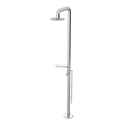 Rubinet Pressure Balance Outdoor Shower with Foot Rinse & 10" Shower Head (with shelf) - 304 Stainless Steel Chrome