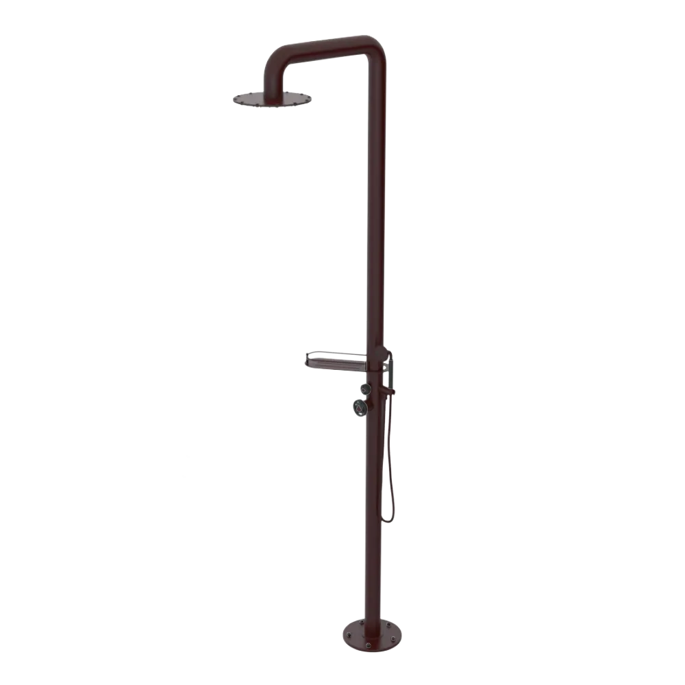 Rubinet Pressure Balance Outdoor Shower with Hand Held Shower & 10" Shower Head (with shelf) - 304 Stainless Steel Bordeaux