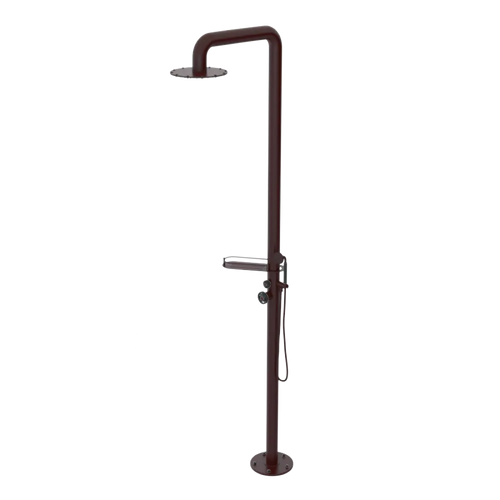 Rubinet Pressure Balance Outdoor Shower with Hand Held Shower & 10" Shower Head (with shelf) - 304 Stainless Steel Bordeaux