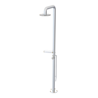 Rubinet Pressure Balance Outdoor Shower with Foot Rinse & 10" Shower Head (with shelf) - 304 Stainless Steel Satin Chrome