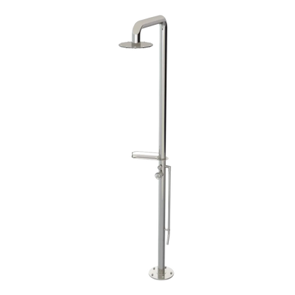 Rubinet Pressure Balance Outdoor Shower with Foot Rinse & 10" Shower Head (with shelf) - 304 Stainless Steel Polished Nickel