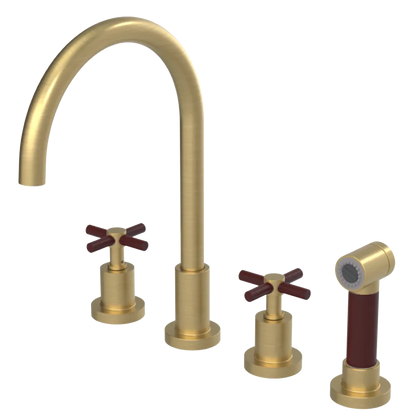 Rubinet Widespread Kitchen Set with LaSalle Spout with Hand Spray Satin Brass