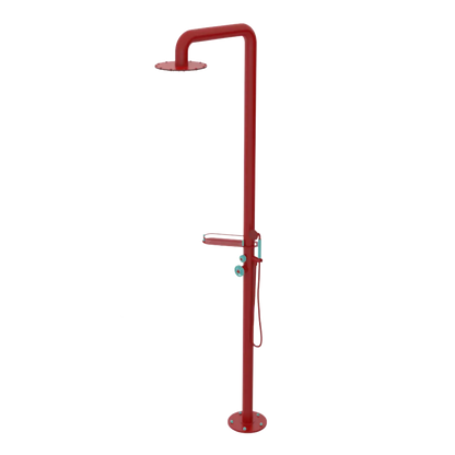 Rubinet Pressure Balance Outdoor Shower with Hand Held Shower & 10" Shower Head (with shelf) - 304 Stainless Steel Maroon