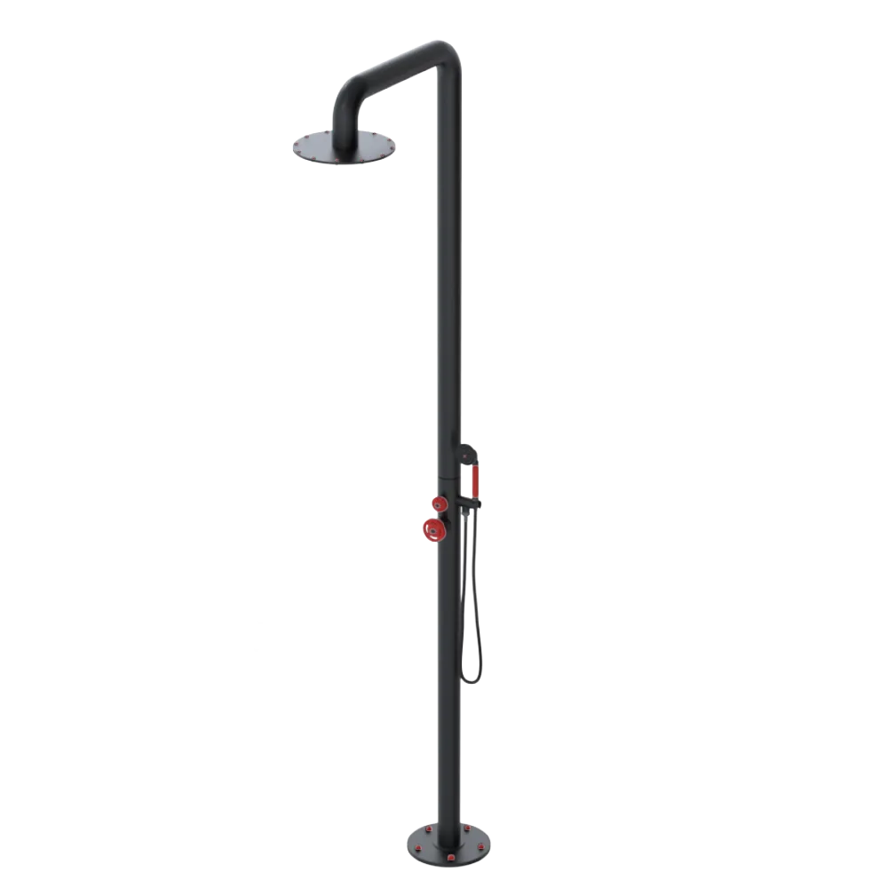 Rubinet Pressure Balance Outdoor Shower with Hand Held Shower & 10" Shower Head - 304 Stainless Steel Matt Black