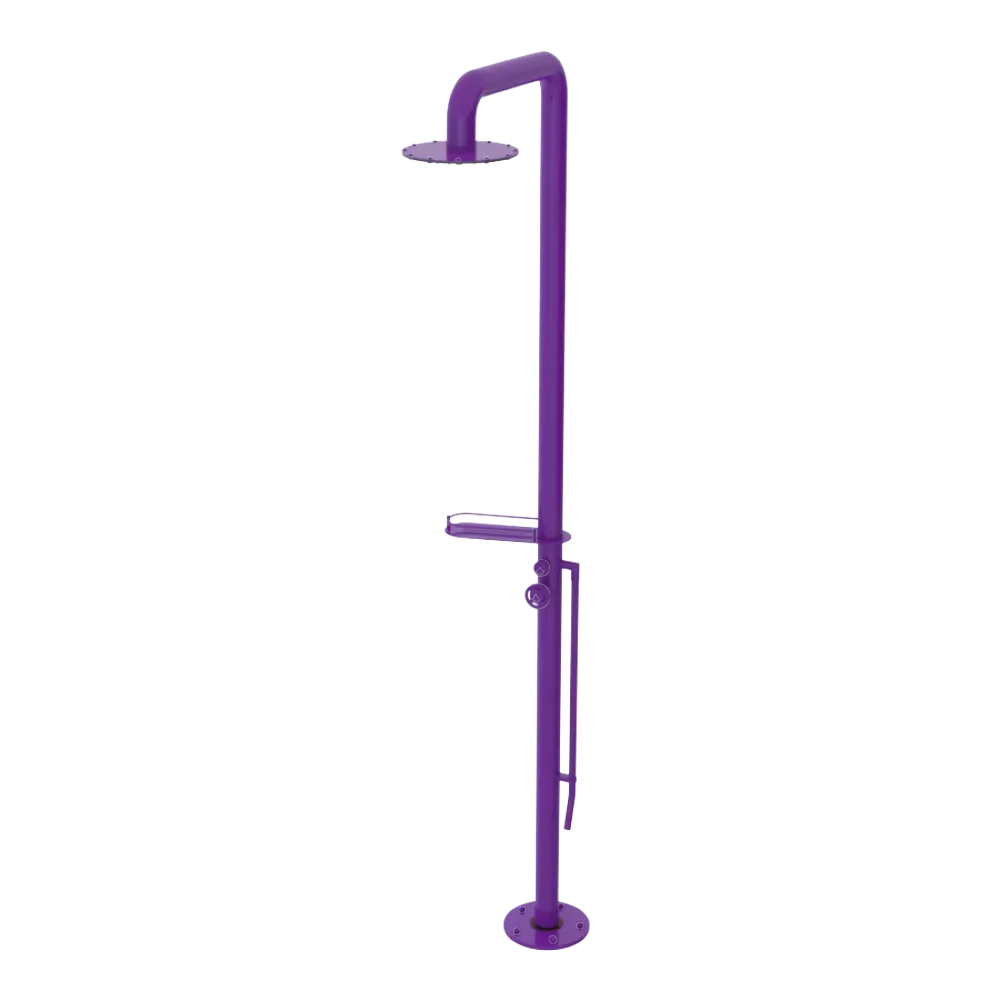 Rubinet Pressure Balance Outdoor Shower with Foot Rinse & 10" Shower Head (with shelf) - 304 Stainless Steel Purple Haze