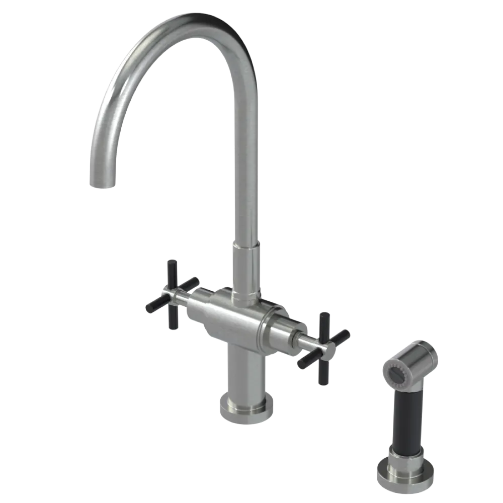 Rubinet Two Handle Single Hole Kitchen Set with LaSalle Spout with Hand Spray Satin Nickel