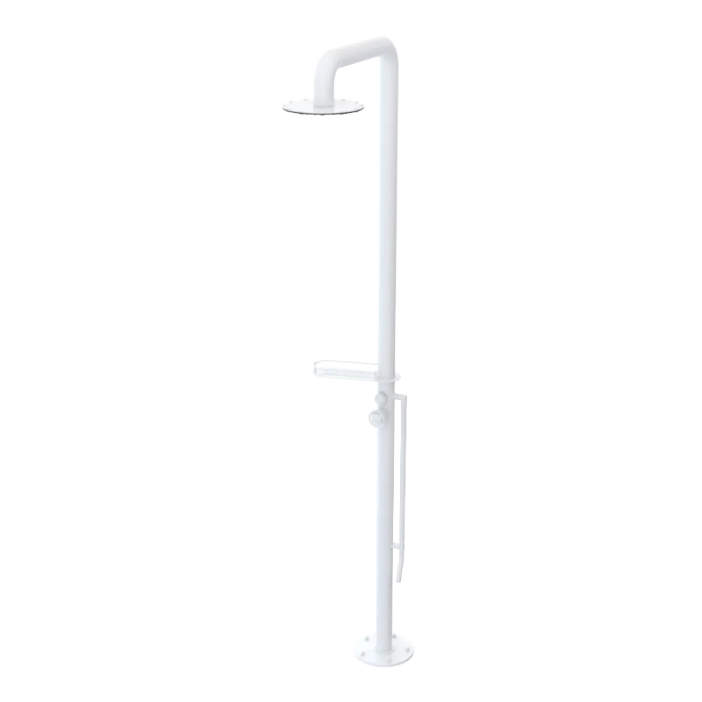 Rubinet Pressure Balance Outdoor Shower with Foot Rinse & 10" Shower Head (with shelf) - 304 Stainless Steel White
