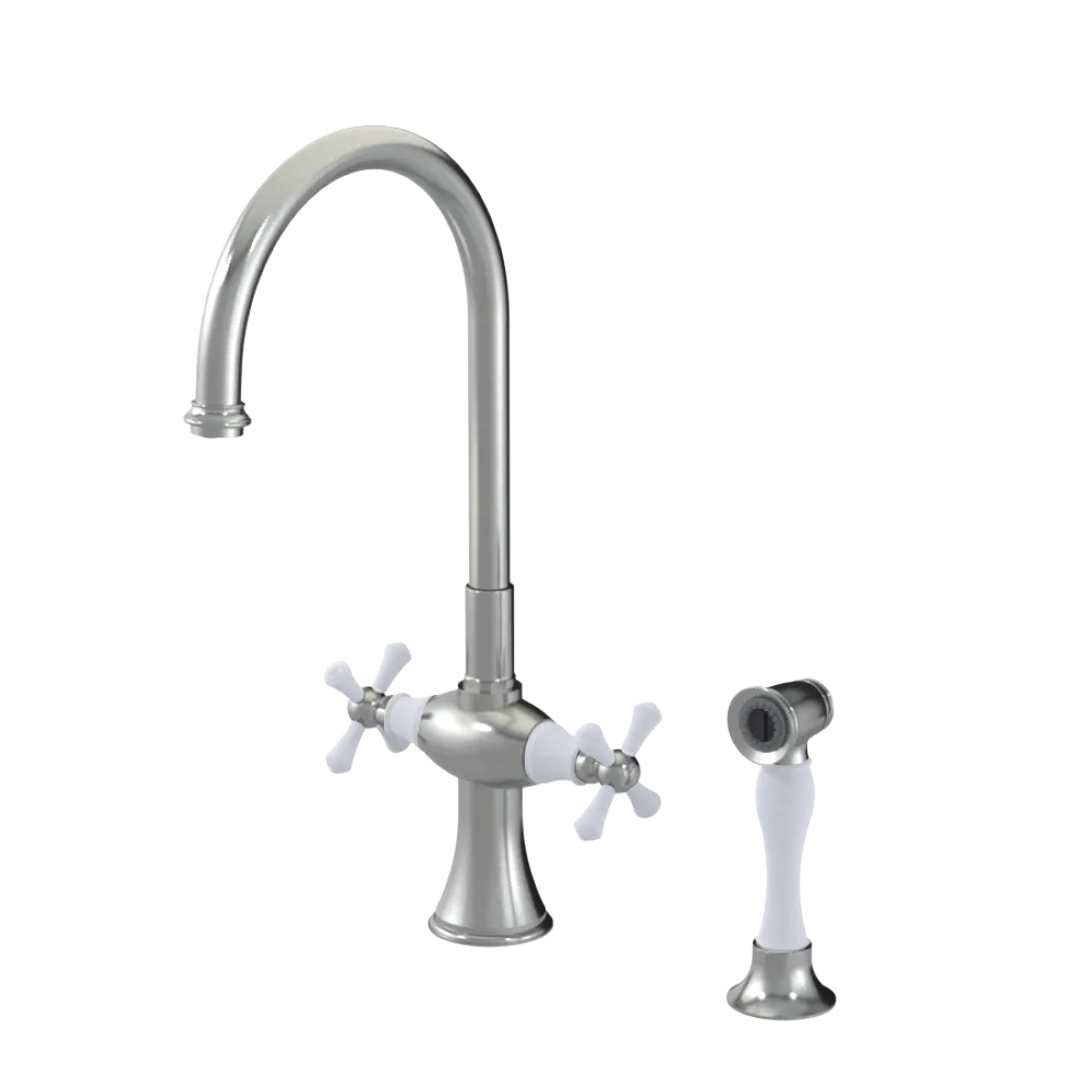 Rubinet Two Handle Single Hole Kitchen Set with Hand Spray Satin Nickel
