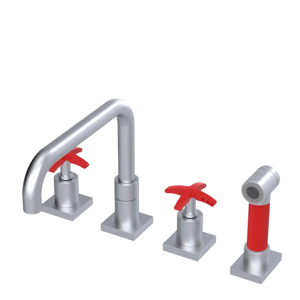 Rubinet Widespread Kitchen Set with Genesis Spout with Hand Spray Satin Chrome