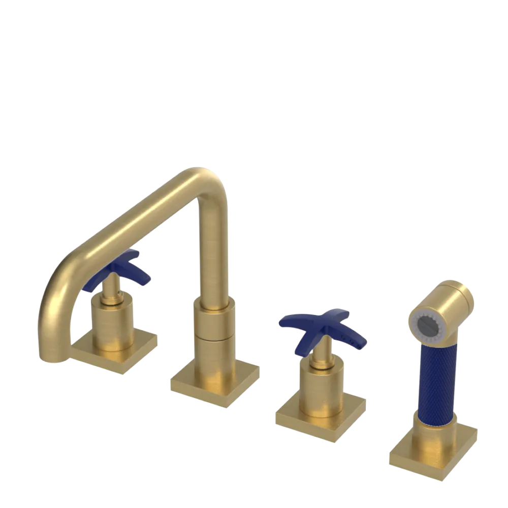 Rubinet Widespread Kitchen Set with Genesis Spout with Hand Spray Satin Gold