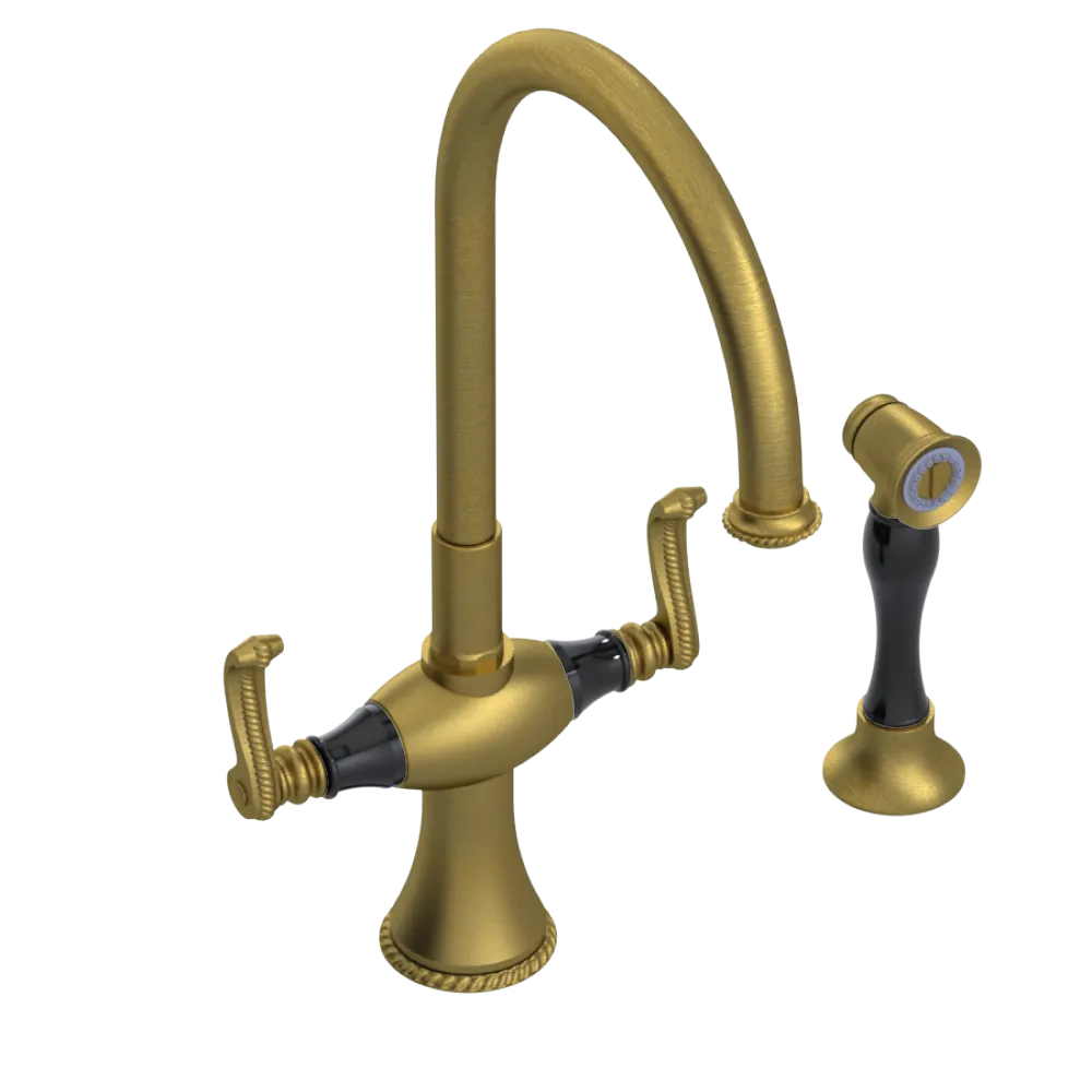 Rubinet Two Handle Single Hole Kitchen Set with Hand Spray Antique Brass Matt