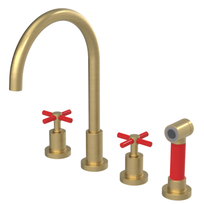 Rubinet Widespread Kitchen Set with LaSalle Spout with Hand Spray Satin Brass
