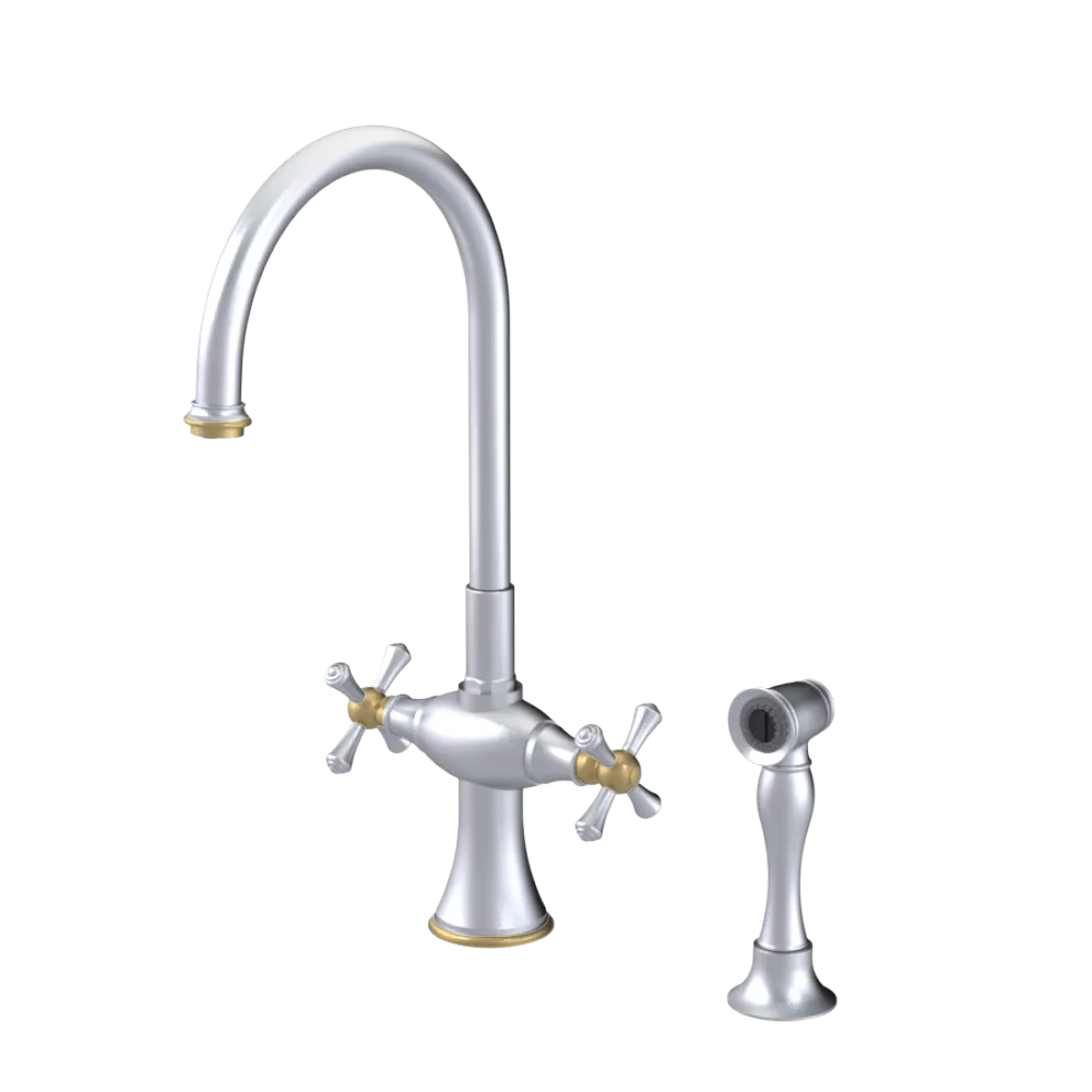 Rubinet Two Handle Single Hole Kitchen Set with Hand Spray Satin Chrome