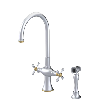 Rubinet Two Handle Single Hole Kitchen Set with Hand Spray Satin Chrome