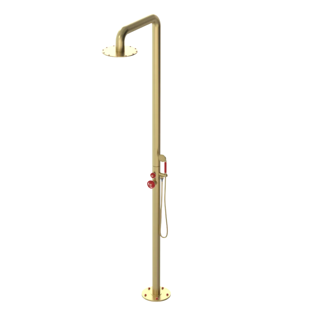 Rubinet Pressure Balance Outdoor Shower with Hand Held Shower & 10" Shower Head - 304 Stainless Steel Satin Gold