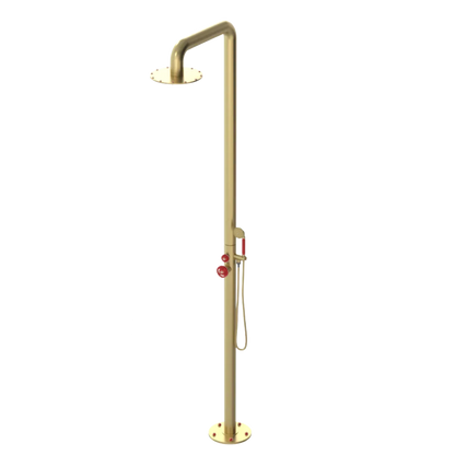 Rubinet Pressure Balance Outdoor Shower with Hand Held Shower & 10" Shower Head - 304 Stainless Steel Satin Gold