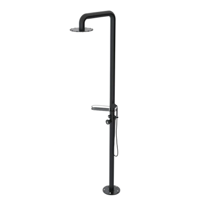Rubinet Pressure Balance Outdoor Shower with Hand Held Shower & 10" Shower Head (with shelf) - 304 Stainless Steel Matt Black